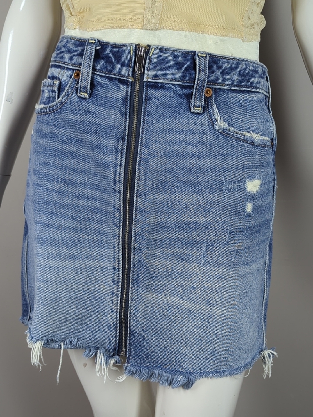 Abercrombie & Fitch Zoe Natural Rise blue distressed denim mini skirt